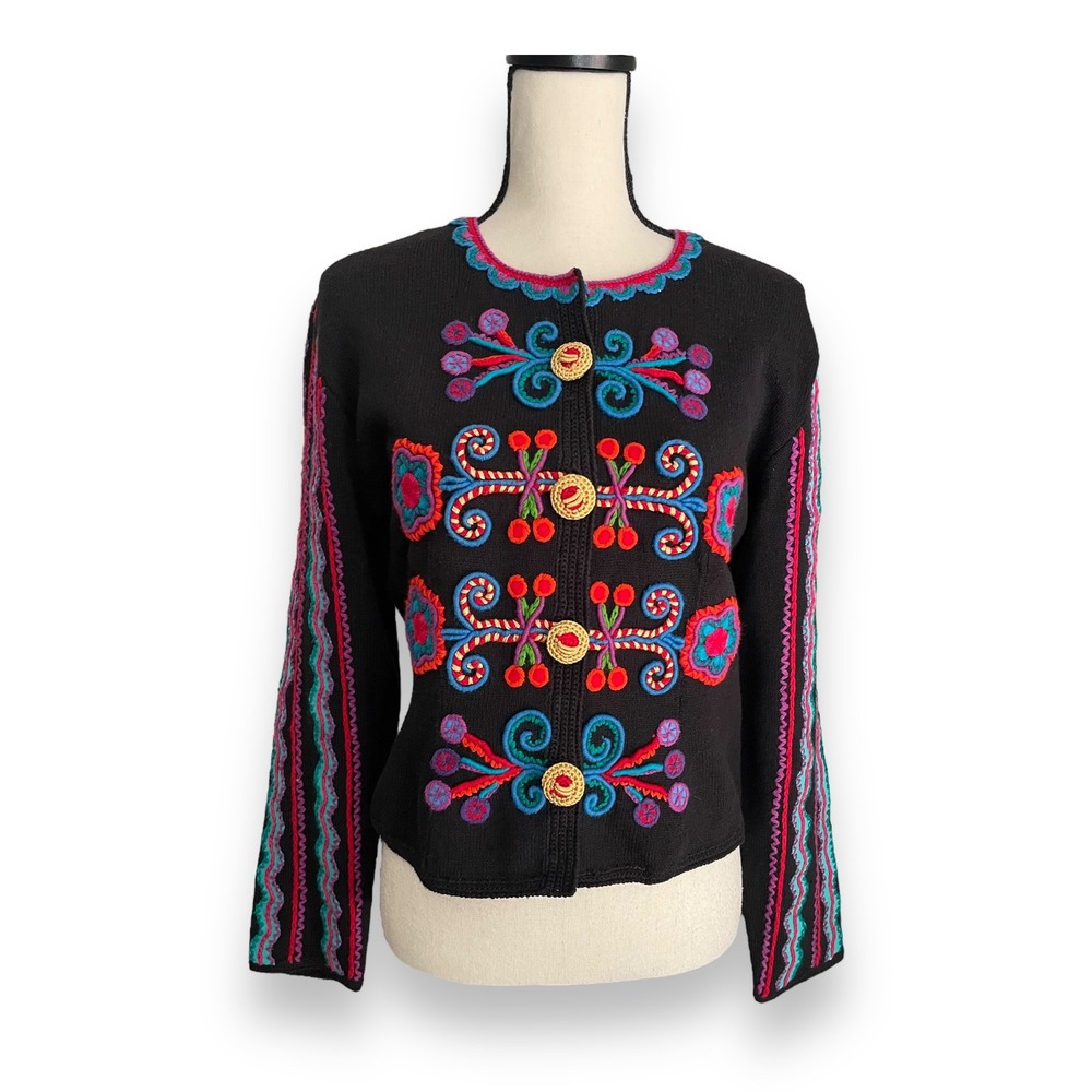 Michael Simon Vintage 1997 Embroidered Cardigan Sweater Black Multi Color Medium